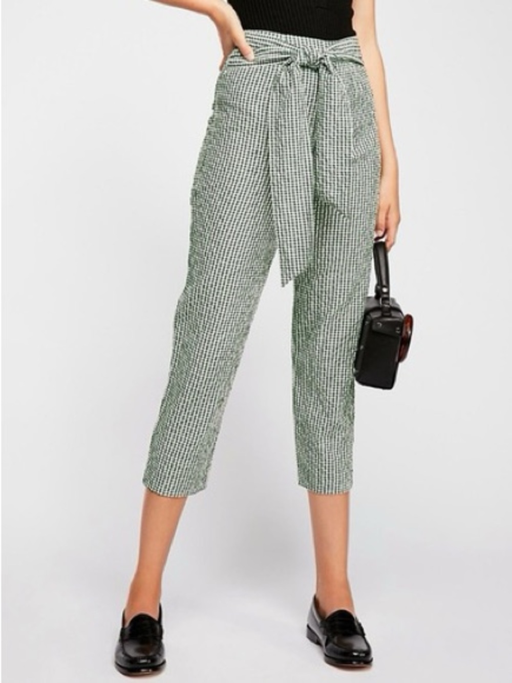 Free People Women’s West Side Gingham Tie-Front Pants Green Crop
